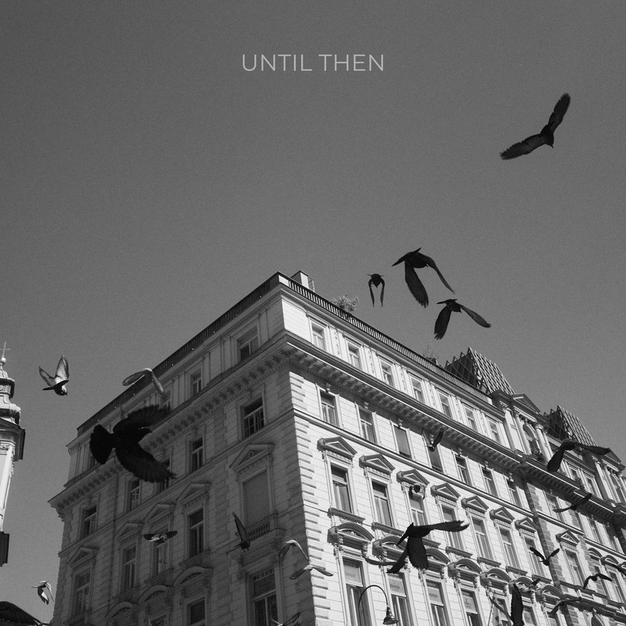 Cover artwork for Until Then by gknister, birds circling a Viennese building in black and white